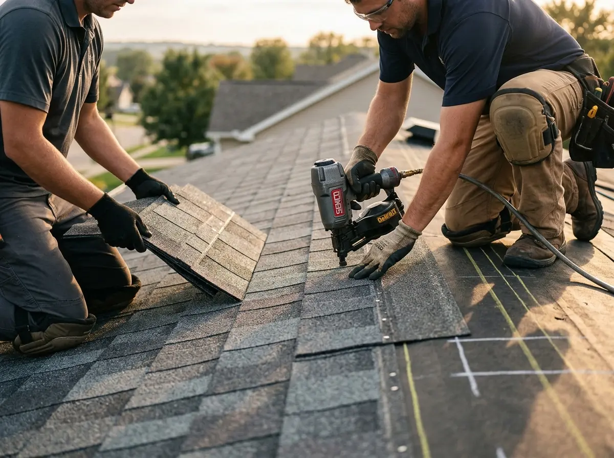 Professional roofer working on a residential roof in Pacifica